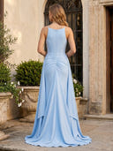 Satin Mermaid Square Neck Spaghetti Straps Long Prom Dresses with Train