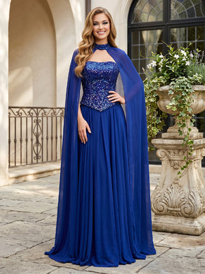 Chiffon A Line Cape Sleeves Long Prom Dresses with Sequin