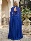 Chiffon A Line Cape Sleeves Long Prom Dresses with Sequin