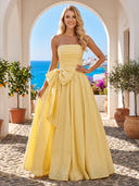 Satin A Line Strapless Sleeveless Long Prom Dresses with Bow