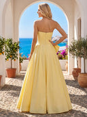 Satin A Line Strapless Sleeveless Long Prom Dresses with Bow