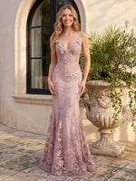Lace Mermaid V Neck Spaghetti Straps Long Prom Dresses with Train