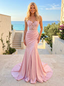 Satin Mermaid V Neck Spaghetti Straps Long Prom Dresses with Lace Appliques