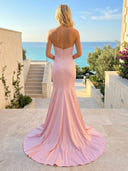 Satin Mermaid V Neck Spaghetti Straps Long Prom Dresses with Lace Appliques