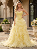 Tiered Chiffon A Line Strapless Sleeveless Long Prom Dresses with Beads