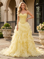Tiered Chiffon A Line Strapless Sleeveless Long Prom Dresses with Beads