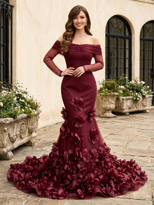 Satin Mermaid Off Shoulder Long Sleeves Long Prom Dresses with 3D Flower