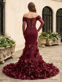 Satin Mermaid Off Shoulder Long Sleeves Long Prom Dresses with 3D Flower