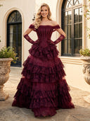 Tiered Lace A Line Off Shoulder Long Prom Dresses with Beads