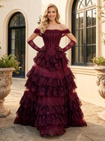 Tiered Lace A Line Off Shoulder Long Prom Dresses with Beads