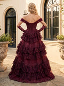 Tiered Lace A Line Off Shoulder Long Prom Dresses with Beads