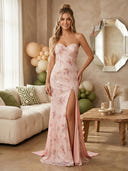 Sequin Mermaid Strapless Long Prom Dresses with Floral Print