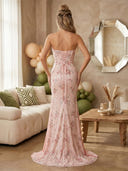 Sequin Mermaid Strapless Long Prom Dresses with Floral Print