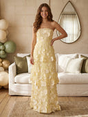 Lace A Line Strapless Sleeveless Long Prom Dresses with Flowers