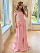 Satin A Line One Shoulder Long Prom Dresses with Beads