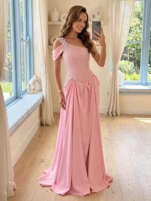 Satin A Line One Shoulder Long Prom Dresses with Beads