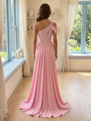 Satin A Line One Shoulder Long Prom Dresses with Beads