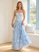Satin A Line Strapless Long Prom Dresses with 3D Flower