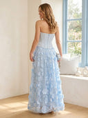Satin A Line Strapless Long Prom Dresses with 3D Flower