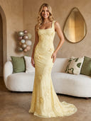 Tulle Mermaid Square Neck Spaghetti Straps Long Prom Dresses with Lace Appliques