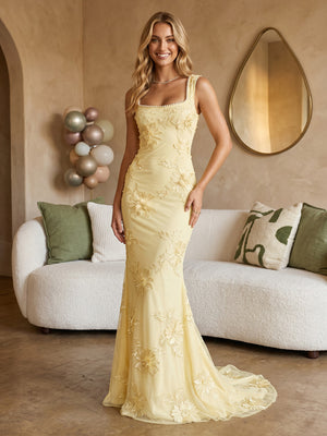 Tulle Mermaid Square Neck Spaghetti Straps Long Prom Dresses with Lace Appliques