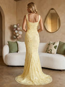 Tulle Mermaid Square Neck Spaghetti Straps Long Prom Dresses with Lace Appliques