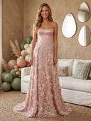 Satin A Line Strapless Long Prom Dresses with Lace Appliques