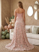 Satin A Line Strapless Long Prom Dresses with Lace Appliques