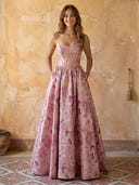 Satin A Line Strapless Sleeveles Corset Long Prom Dresses with Pockets
