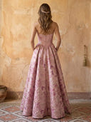 Satin A Line Strapless Sleeveles Corset Long Prom Dresses with Pockets