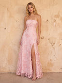 Tulle A Line Strapless 3D Flower Long Prom Dresses with Slit