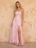 Tulle A Line Strapless 3D Flower Long Prom Dresses with Slit