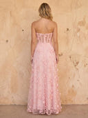 Tulle A Line Strapless 3D Flower Long Prom Dresses with Slit