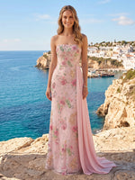 Chiffon Mermaid Strapless Long Prom Dresses with Embroidery