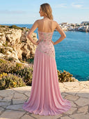 Chiffon A Line Strapless Long Prom Dresses with Embroidery