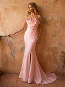 Satin Mermaid Strapless Sleevless Long Prom Dresses with 3D Flower