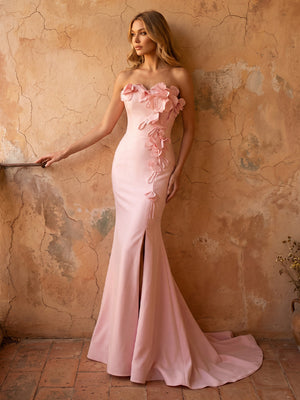 Satin Mermaid Strapless Sleevless Long Prom Dresses with 3D Flower