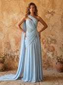 Chiffon A Line One Shoulder Long Prom Dresses with Lace Appliques