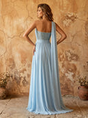 Chiffon A Line One Shoulder Long Prom Dresses with Lace Appliques