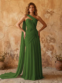 Chiffon A Line One Shoulder Long Prom Dresses with Lace Appliques
