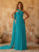 Chiffon A Line One Shoulder Long Prom Dresses with Lace Appliques