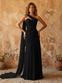 Chiffon A Line One Shoulder Long Prom Dresses with Lace Appliques