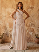 Chiffon A Line One Shoulder Long Prom Dresses with Lace Appliques