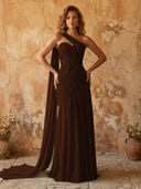 Chiffon A Line One Shoulder Long Prom Dresses with Lace Appliques