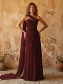 Chiffon A Line One Shoulder Long Prom Dresses with Lace Appliques