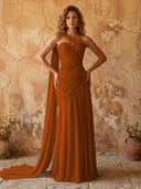 Chiffon A Line One Shoulder Long Prom Dresses with Lace Appliques