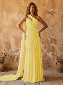 Chiffon A Line One Shoulder Long Prom Dresses with Lace Appliques