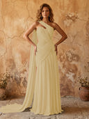 Chiffon A Line One Shoulder Long Prom Dresses with Lace Appliques