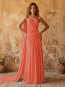 Chiffon A Line One Shoulder Long Prom Dresses with Lace Appliques