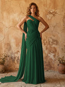 Chiffon A Line One Shoulder Long Prom Dresses with Lace Appliques